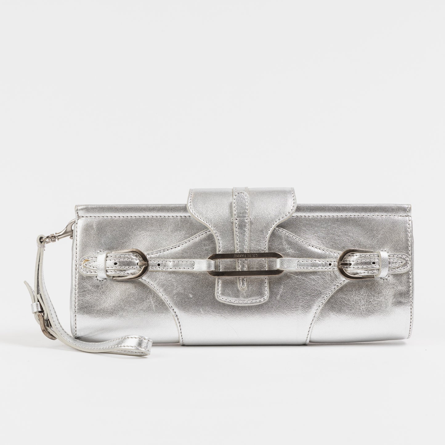 Silver Leather Wristlet Clutch