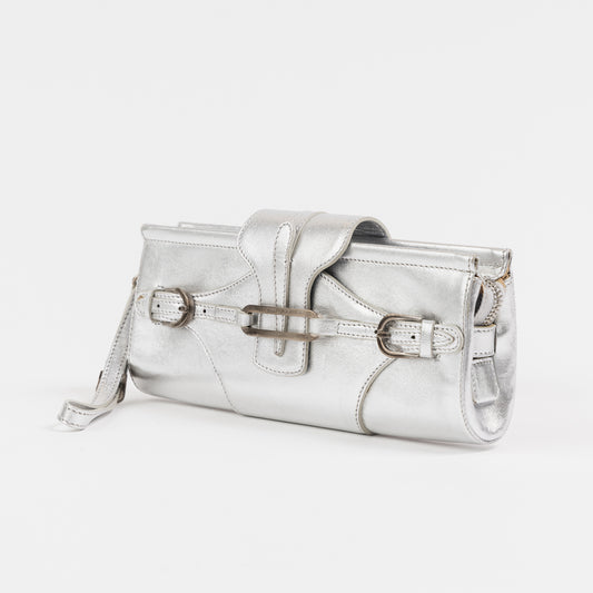 Silver Leather Wristlet Clutch