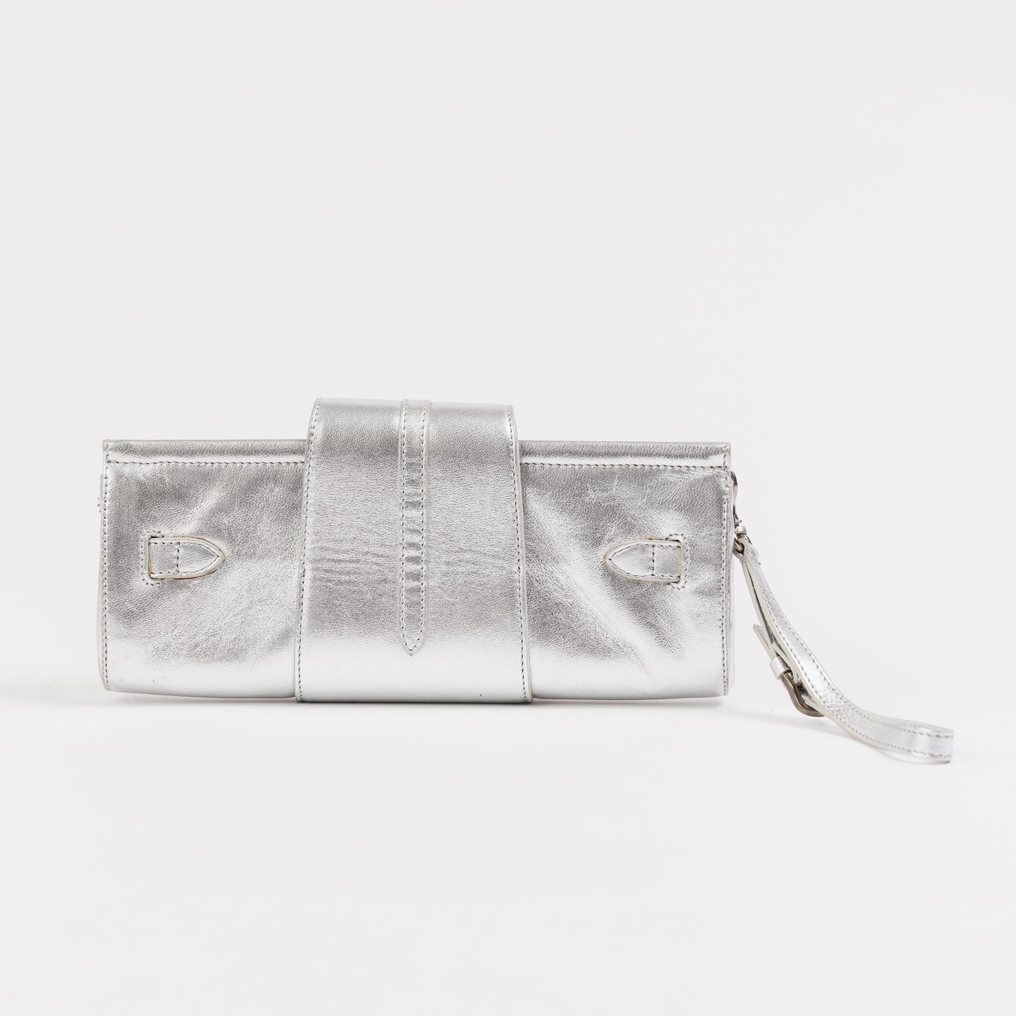 Silver Leather Wristlet Clutch