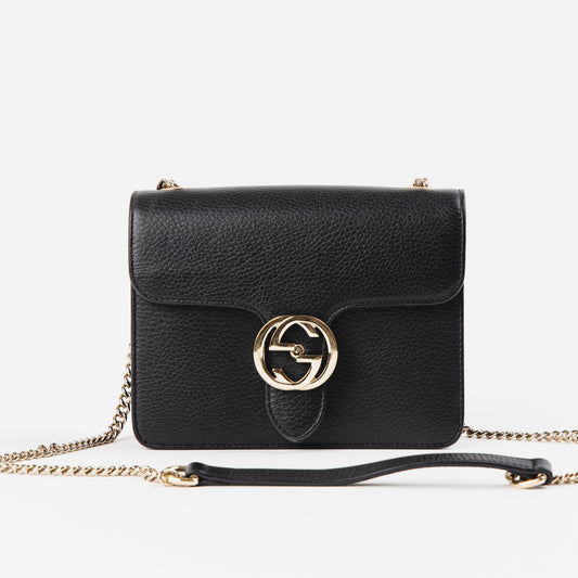 Black Interlocking G Leather & Chain Shoulder Bag