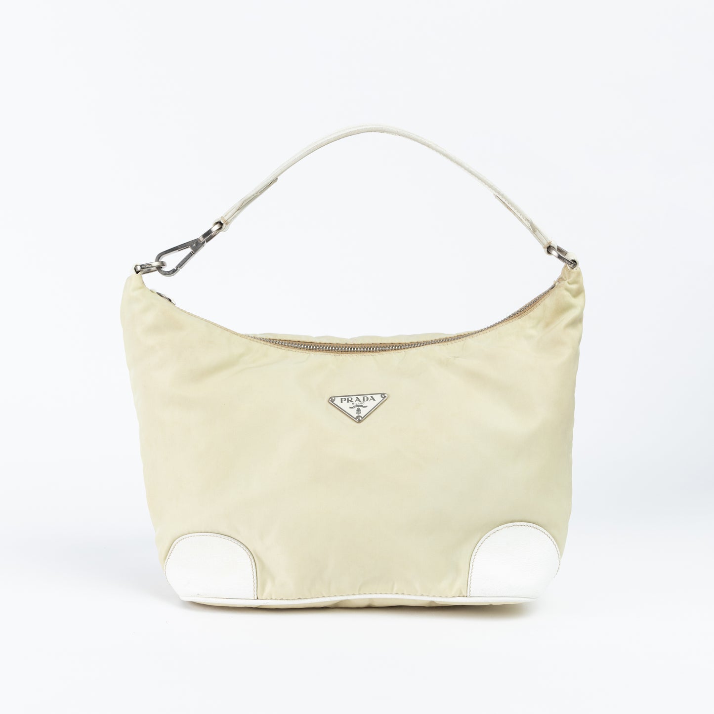 Beige and White Nylon Bag