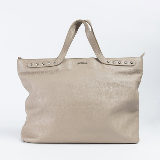 Beige Leather Tote Bag with Studs