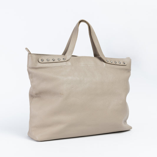 Beige Leather Tote Bag with Studs