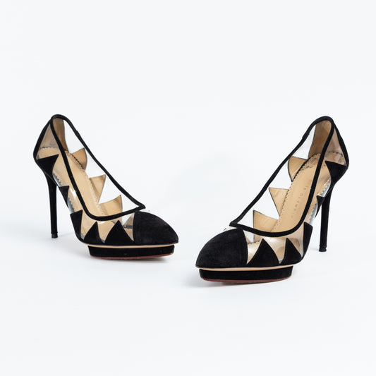 Black Satin and Transparent Plastic Platform Pumps