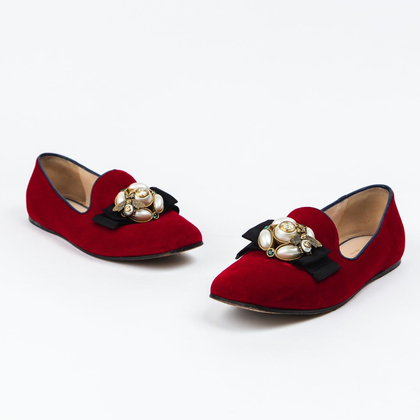Red Velvet Loafers with Pearls
