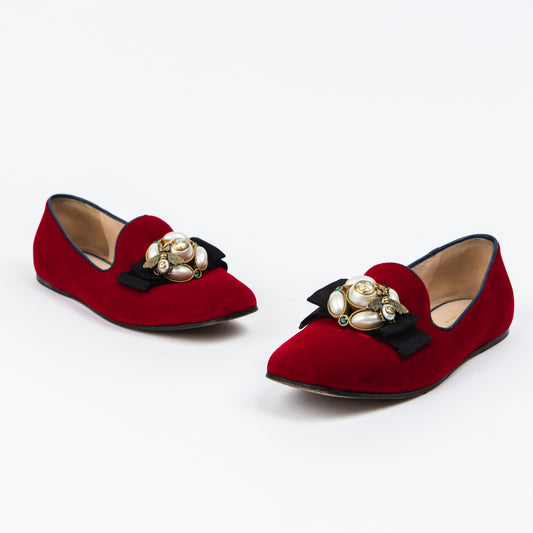 Red Velvet Loafers with Pearls