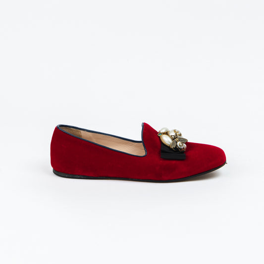 Red Velvet Loafers with Pearls