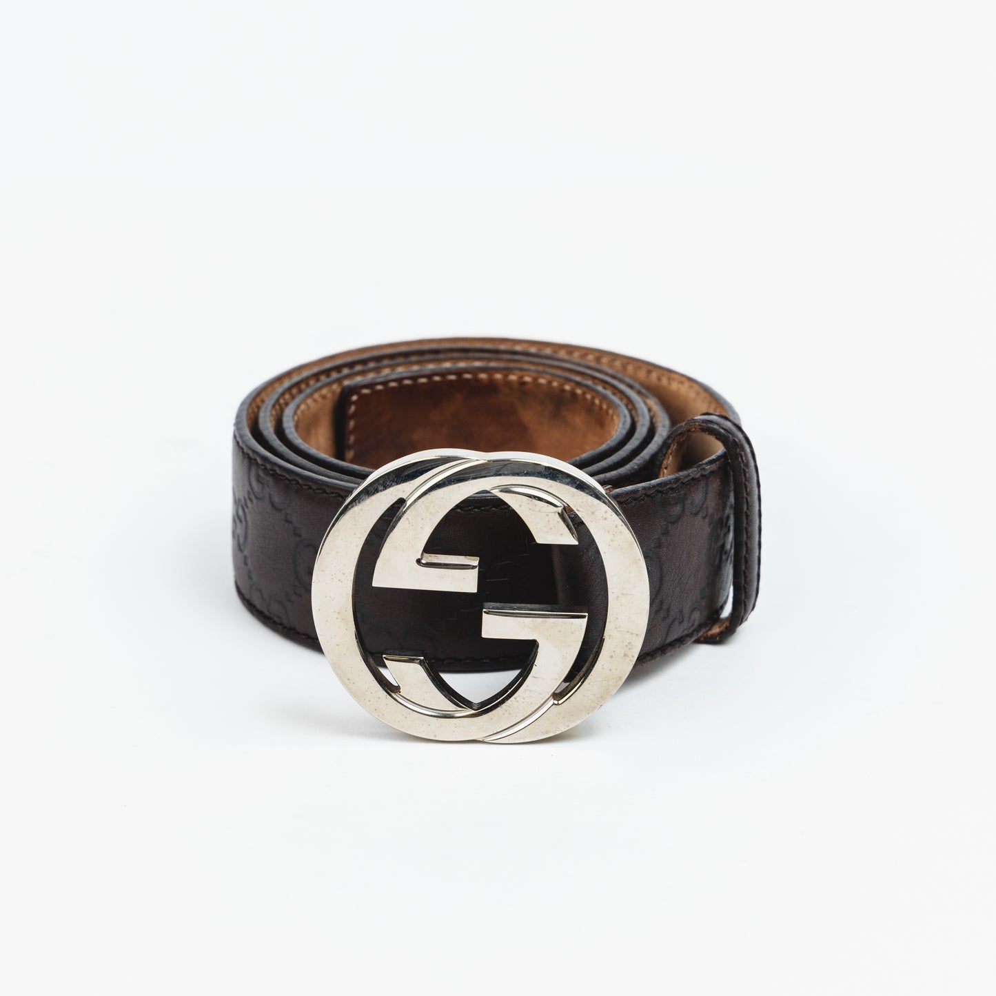 Brown Unisex Silver GG Buckle Belt