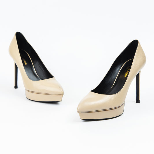 Beige Leather Pointy Pumps